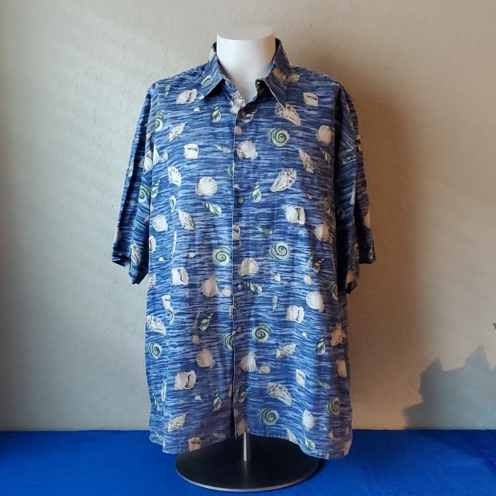VTG 2XL Pierre Cardin Hawaiian shirt blue seashell button down 100% cott…